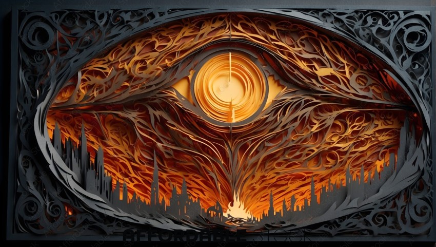 Abstract Fiery Eye with Urban Silhouette