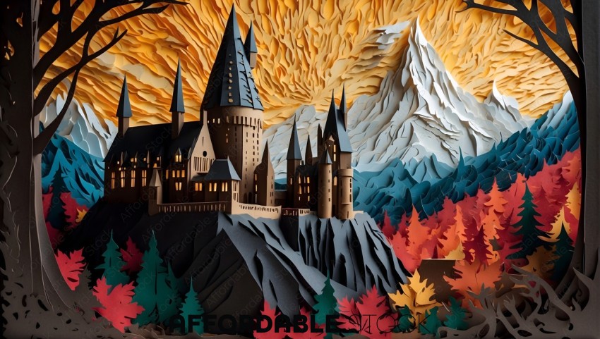 Paper Art Castle with Mountain Background