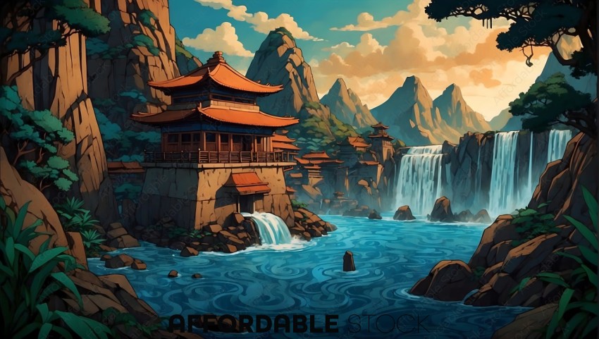 Animated Asian Style Waterfall Landscape