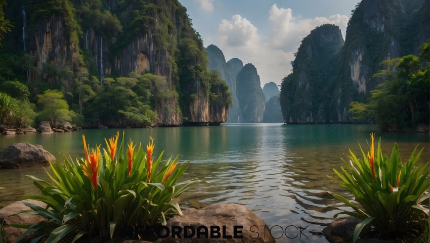 Tropical Lake Surrounded by Limestone Cliffs