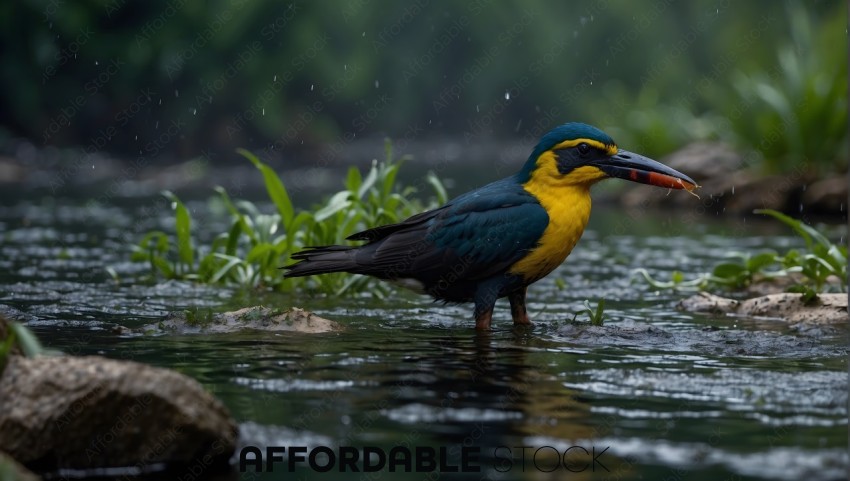 Great Jacamar Bird Catching Fish in Rainforest River
