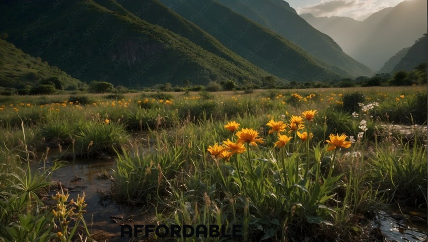 Sunset Glow on Wildflowers in Mountain Valley