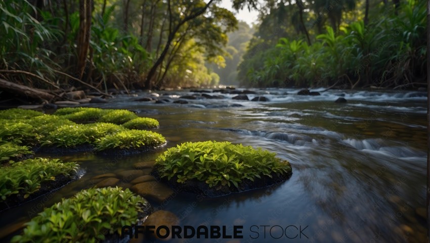 Tranquil River with Sunlit Foliage