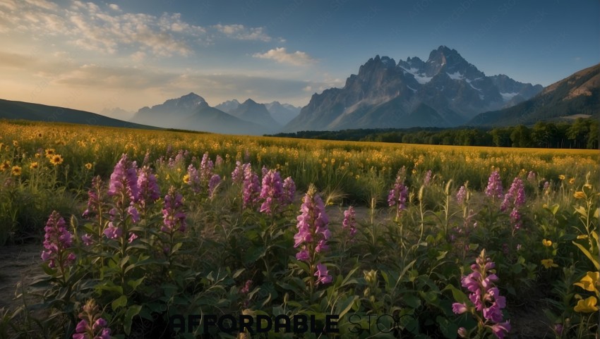 Wildflower Meadow and Mountains at Sunset