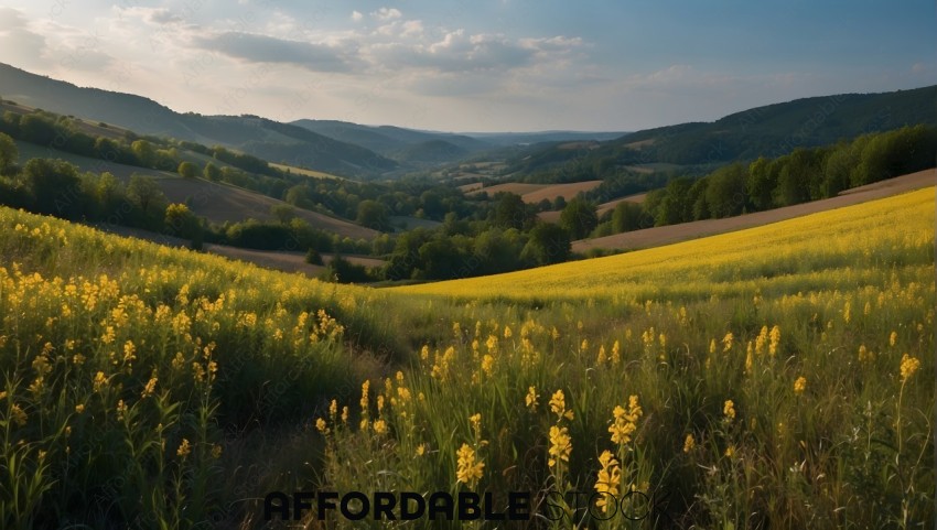 Picturesque Yellow Flowering Fields with Rolling Hills