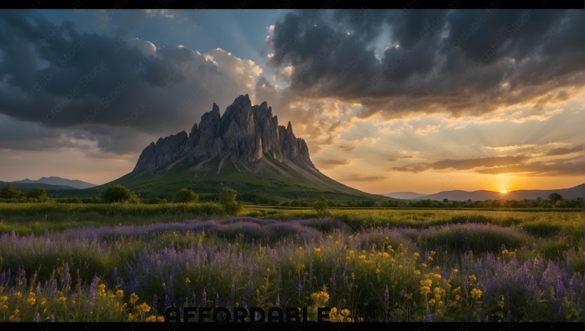 Sunset Over Mountain with Lavender Field