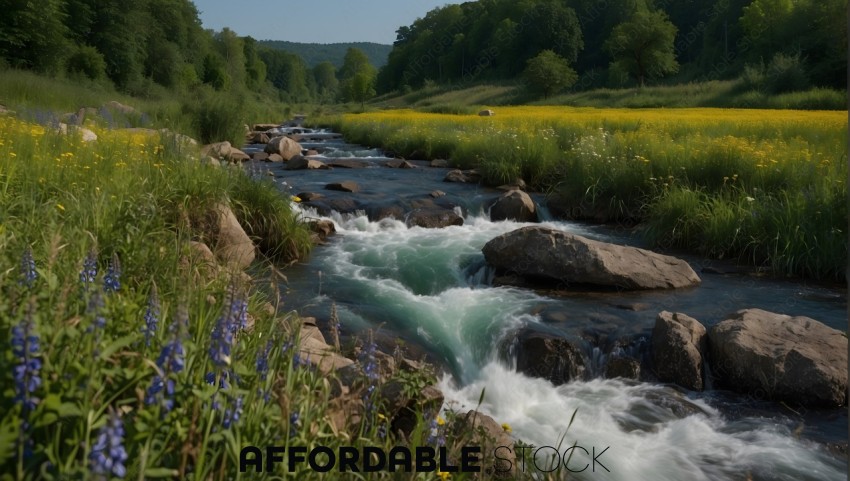 Serene River Flowing Through a Colorful Meadow