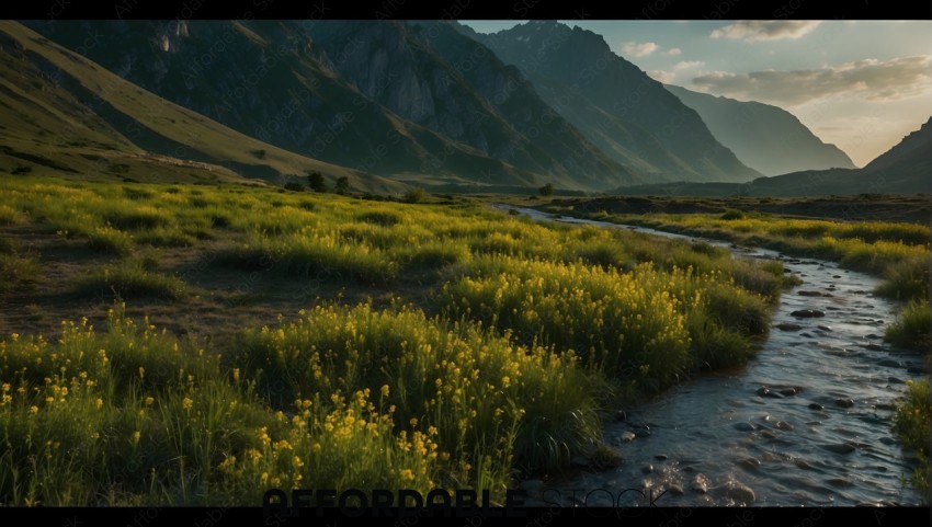 Mountainous Landscape at Sunset with Stream and Wildflowers