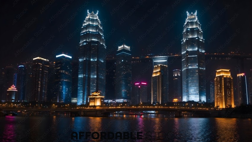 Tall buildings reflecting lights at night