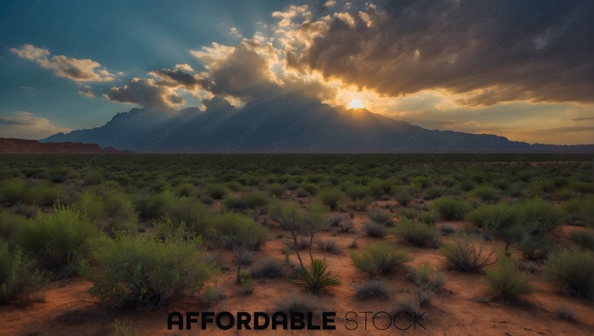 A sunset in the desert with a cloudy sky