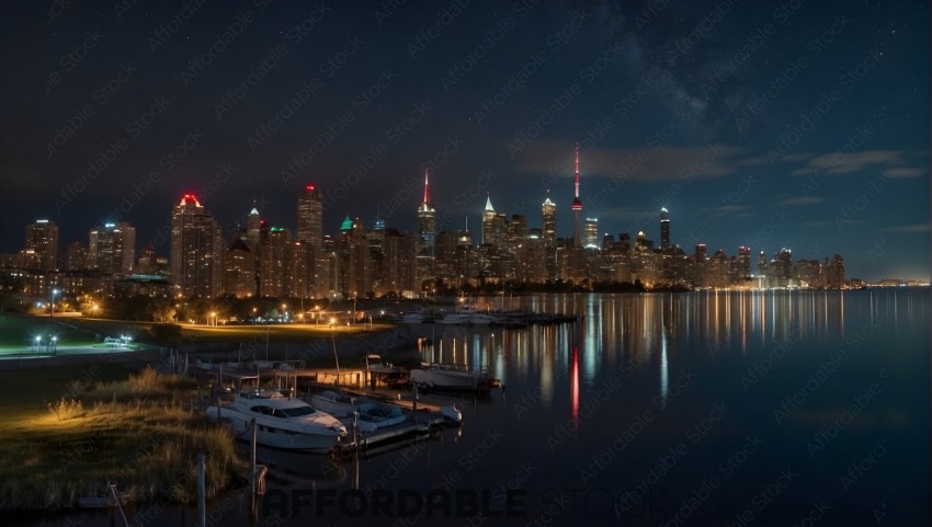 A city skyline at night with a body of water and boats