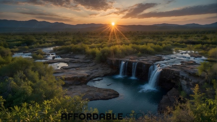 A beautiful sunset over a waterfall