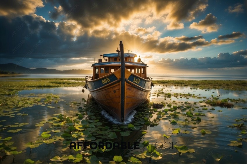 Traditional Wooden Boat at Sunrise on a Lush Lake