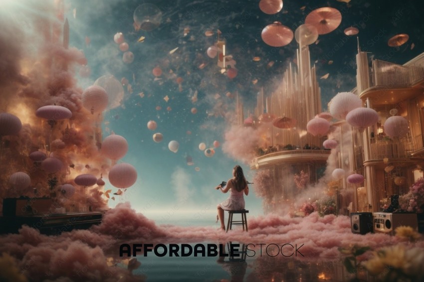 Woman Playing Violin in Surreal Dreamy Setting