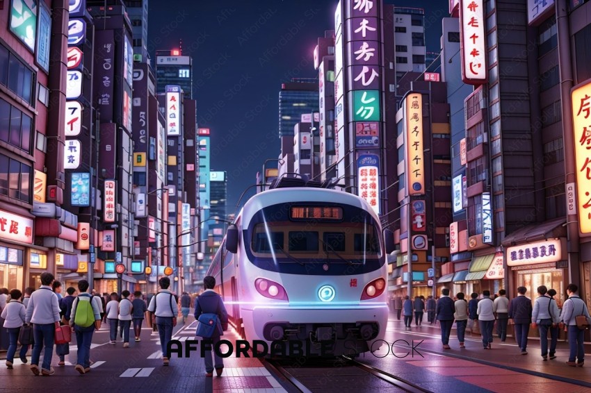 Futuristic Train Arriving at Neon-Lit City Station