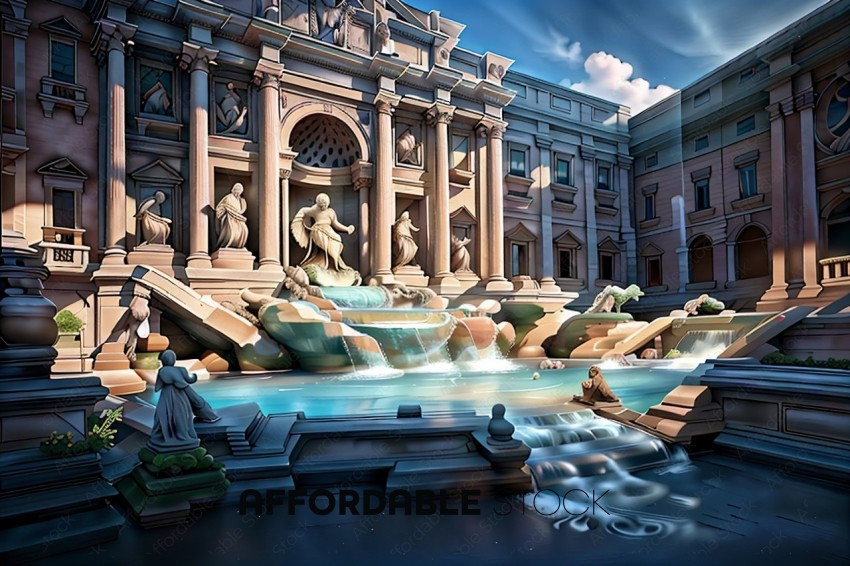 Illustration of Classical Architecture with Fountain