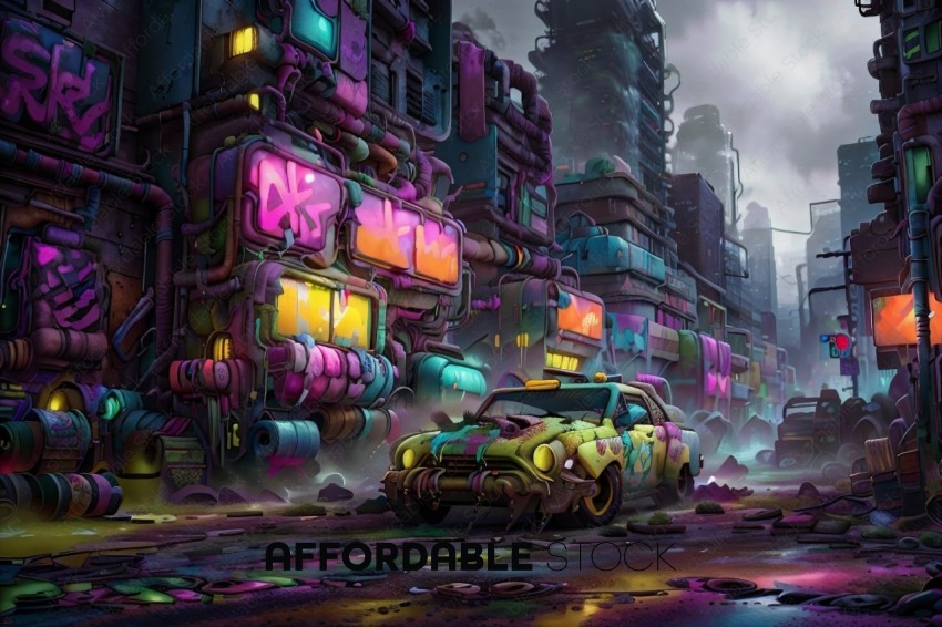 Futuristic Urban Landscape with Graffiti and Abandoned Car