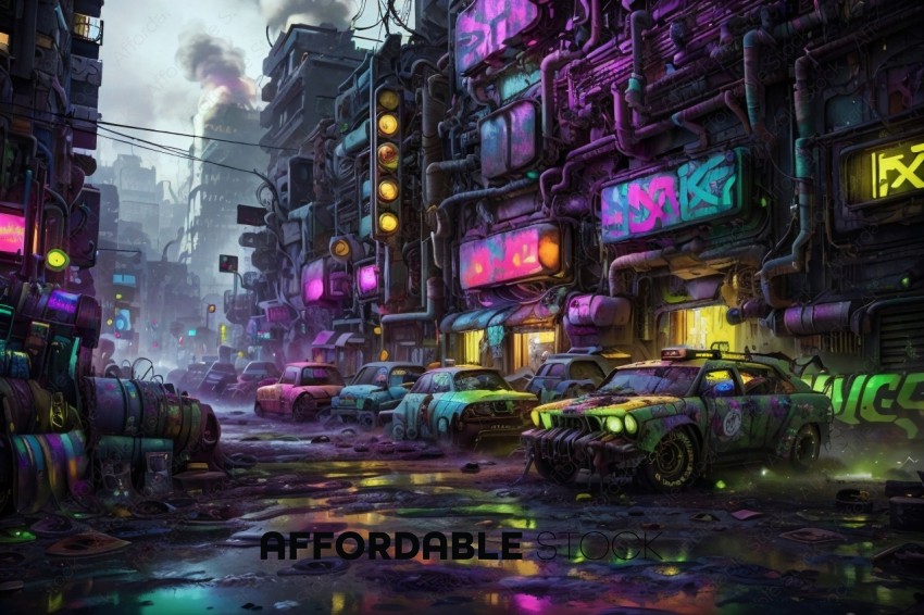 Futuristic Dystopian Cityscape with Abandoned Cars