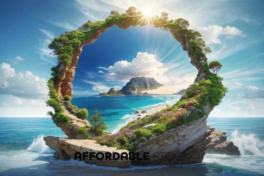 Fantasy Island Arch with Lush Vegetation Overlooking Ocean
