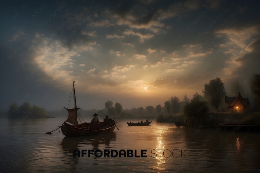 Tranquil River Scene at Sunrise with Boats