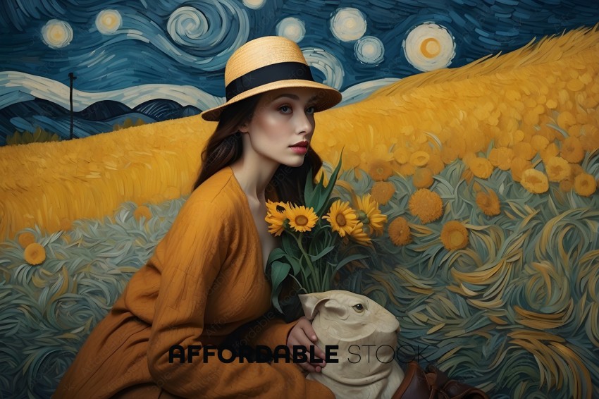 Woman with Sunflowers in Van Gogh Style