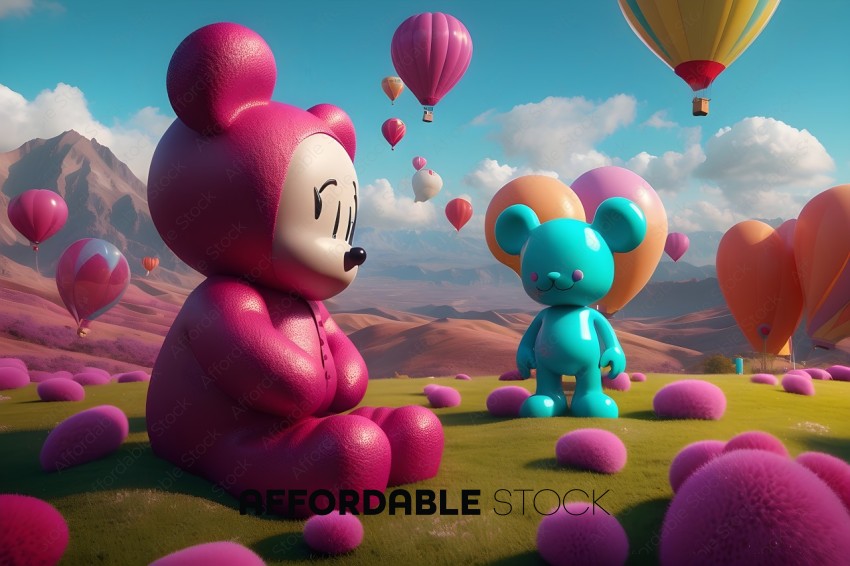 Colorful 3D Cartoon Bears in a Fantasy Landscape
