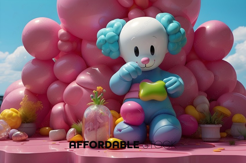 Colorful 3D Rendered Cartoon Bear with Balloons