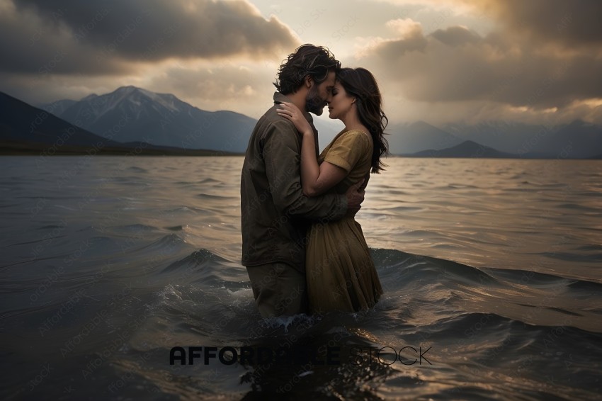 Romantic Couple Embracing in Water at Sunset