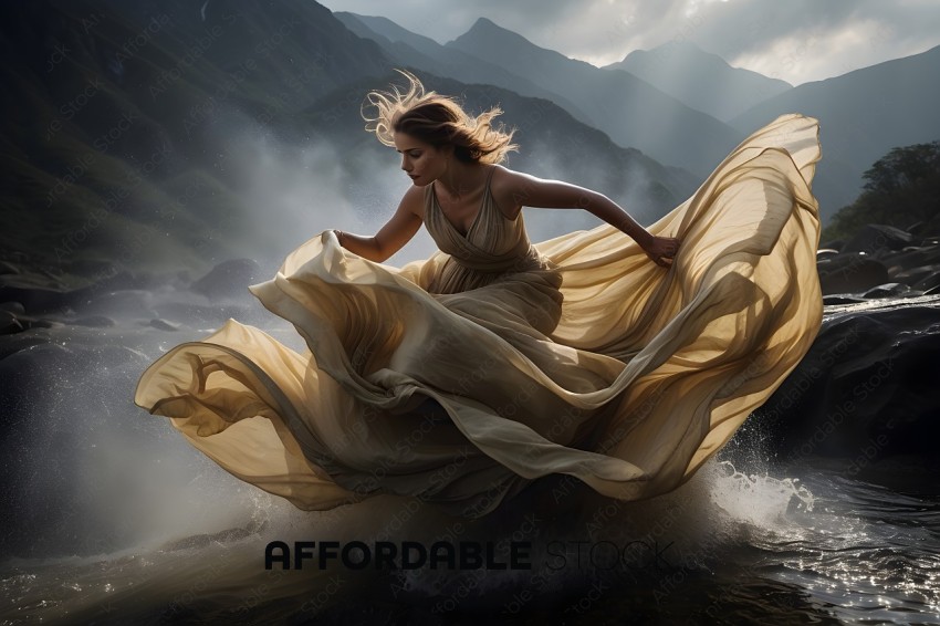 Elegant Woman in Flowing Dress by Mountain Stream