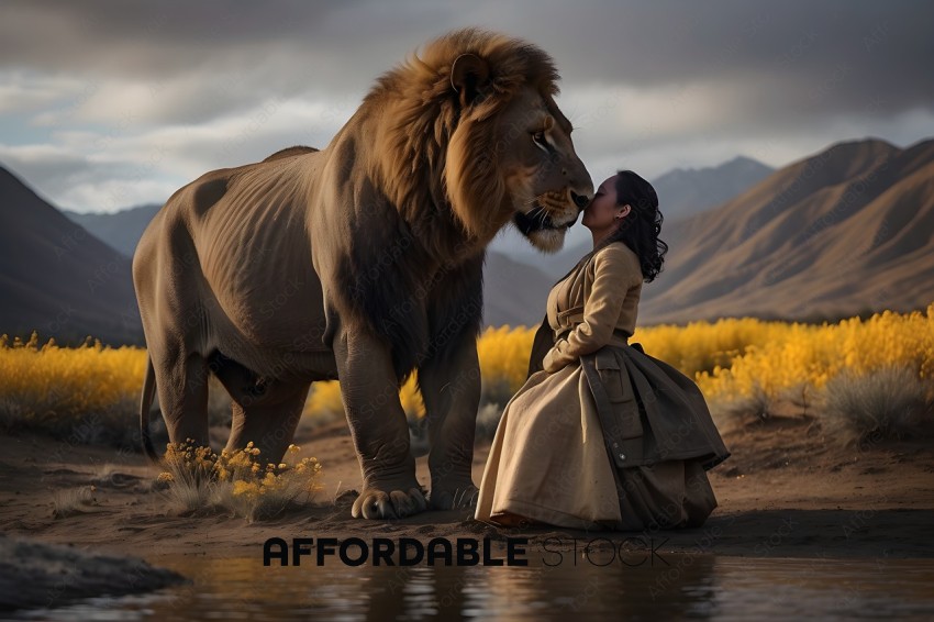 Woman Facing a Majestic Lion in a Surreal Landscape