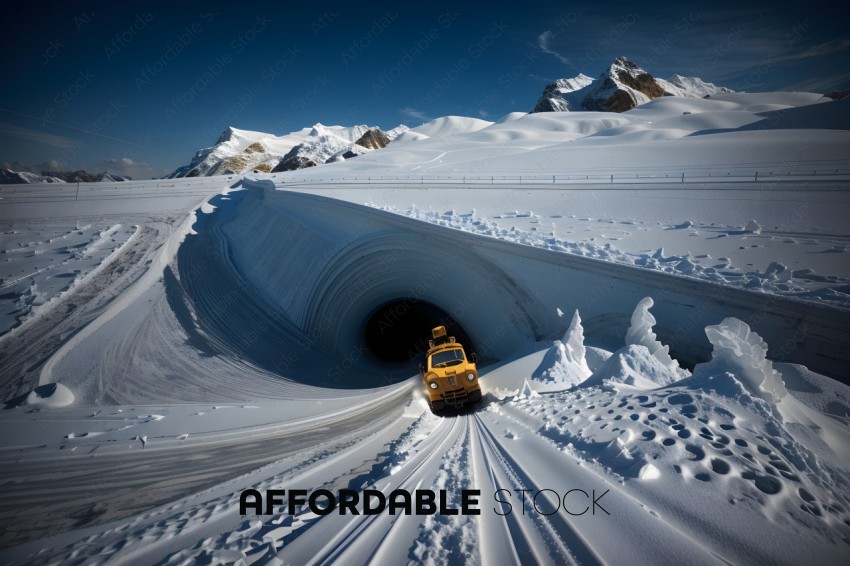 Snowy Landscape with Snowcat Entering Tunnel