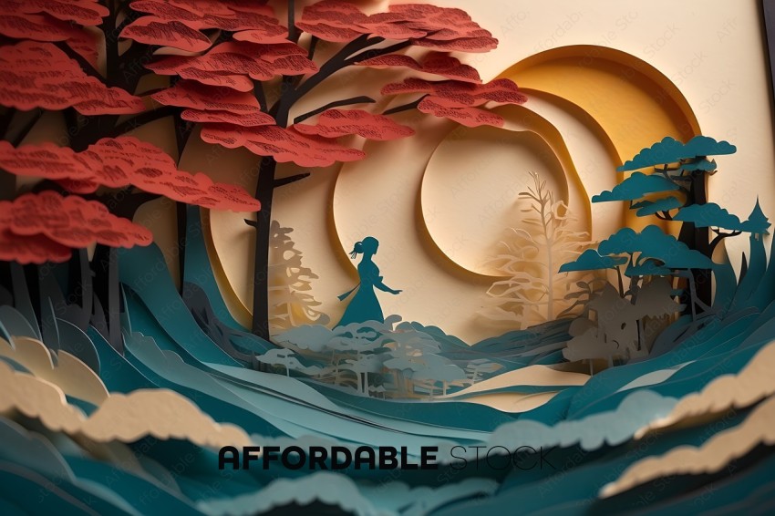 3D Paper Art Fantasy Landscape with Female Silhouette