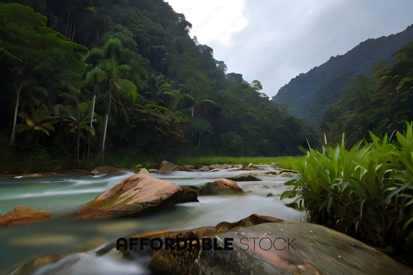 Tropical River Flowing Through Rainforest