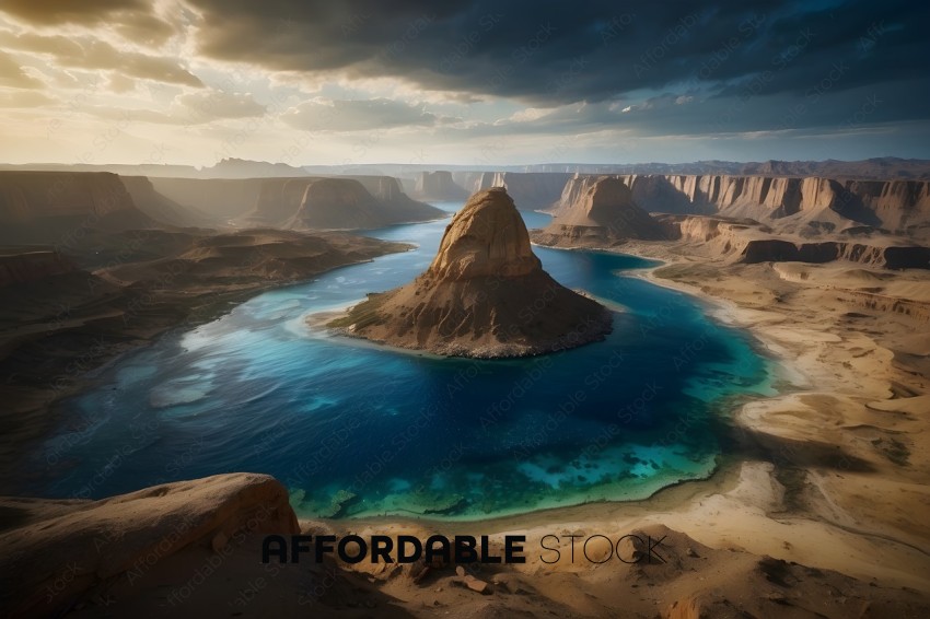 Dramatic Desert Landscape with River and Sunrays