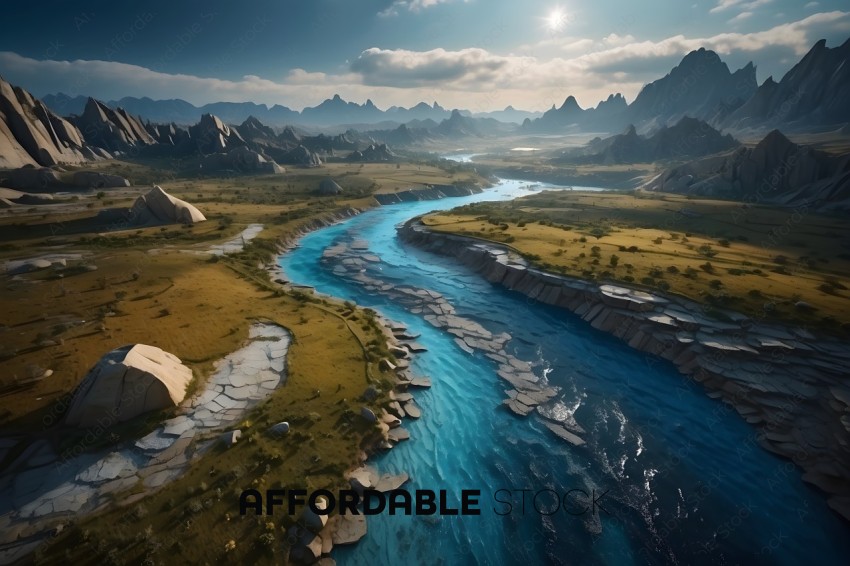 Surreal Landscape with River and Mountains