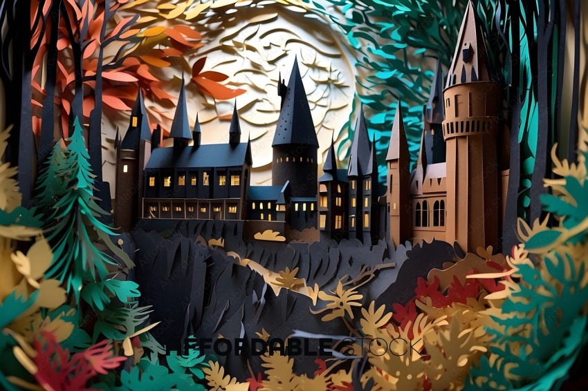 Paper Cutout of Fantasy Castle with Autumn Forest