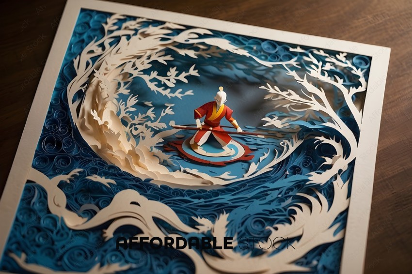 3D Paper Art of Character Rowing in Ocean Waves