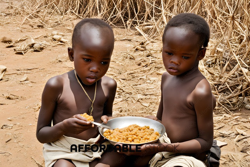 Two dark-skinned children eating food from a metal bowl
