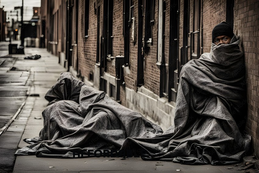 A person wrapped in a blanket sits on the sidewalk