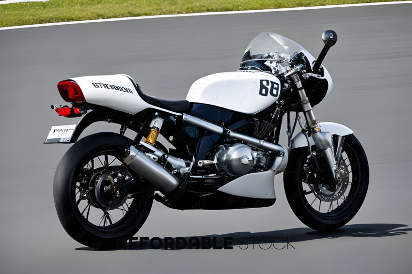 A white motorcycle with the number 68 on the gas tank