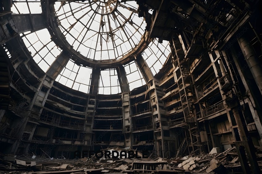 A large, empty, and abandoned building with a large, open, and sunlit atrium