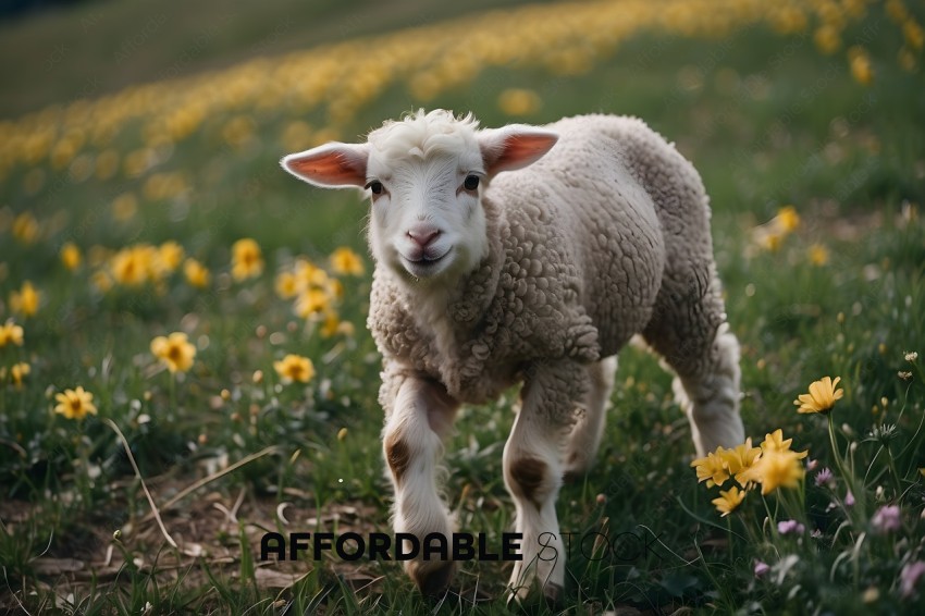 A lamb in a field of flowers