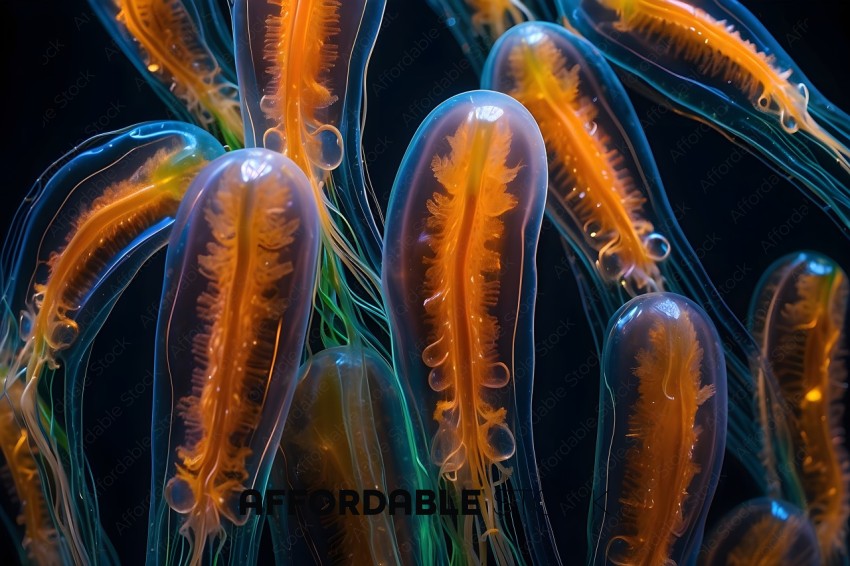 A group of orange and blue jellyfish