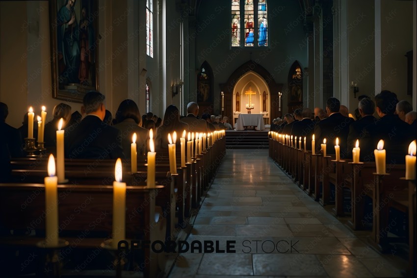 A group of people sitting in a church with candles lit