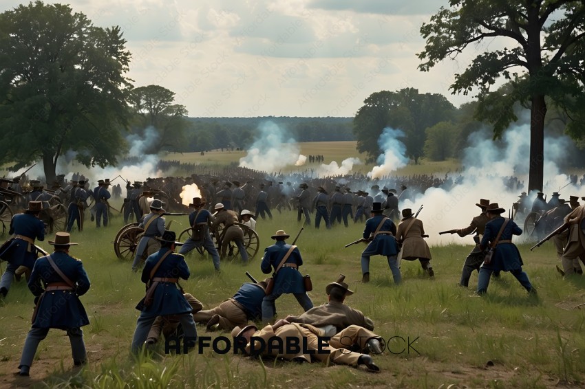 A group of men in blue uniforms are shooting guns