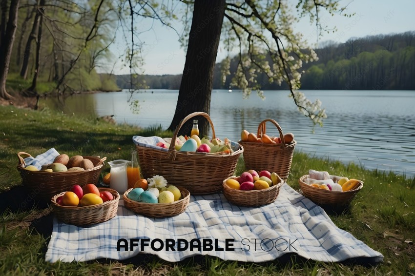 A picnic spread with baskets of eggs, fruit, and juice