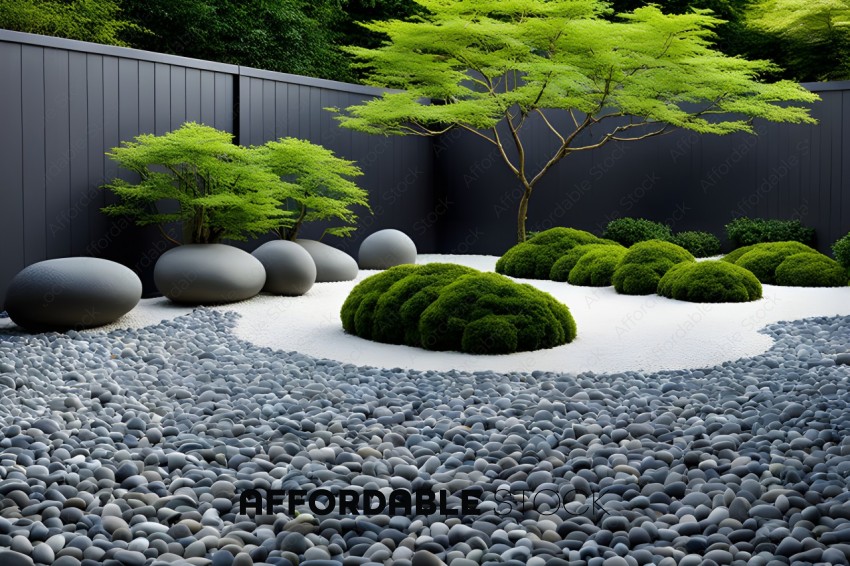 A garden with a black fence and rocks