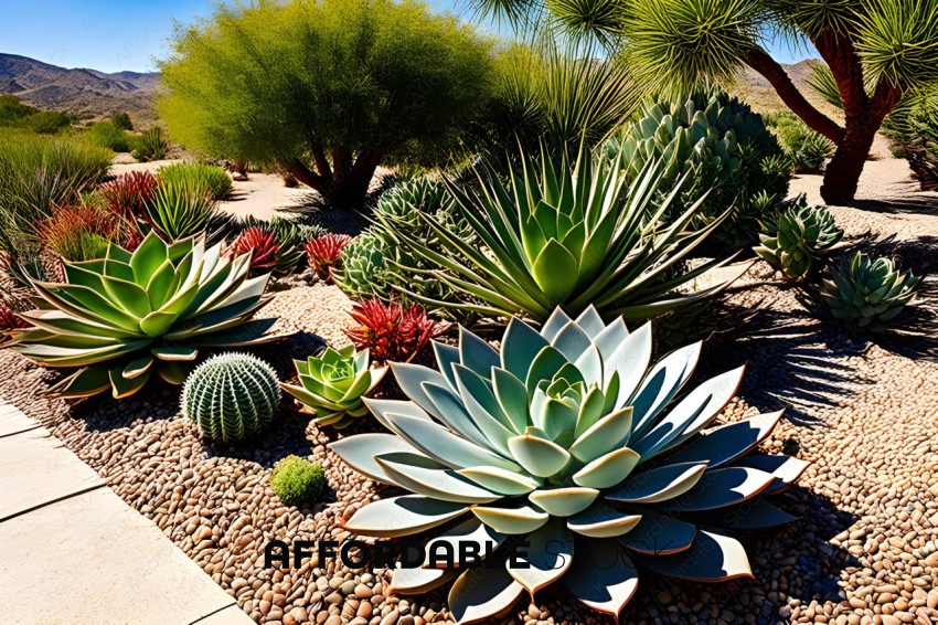 A variety of cacti and succulents in a rock garden
