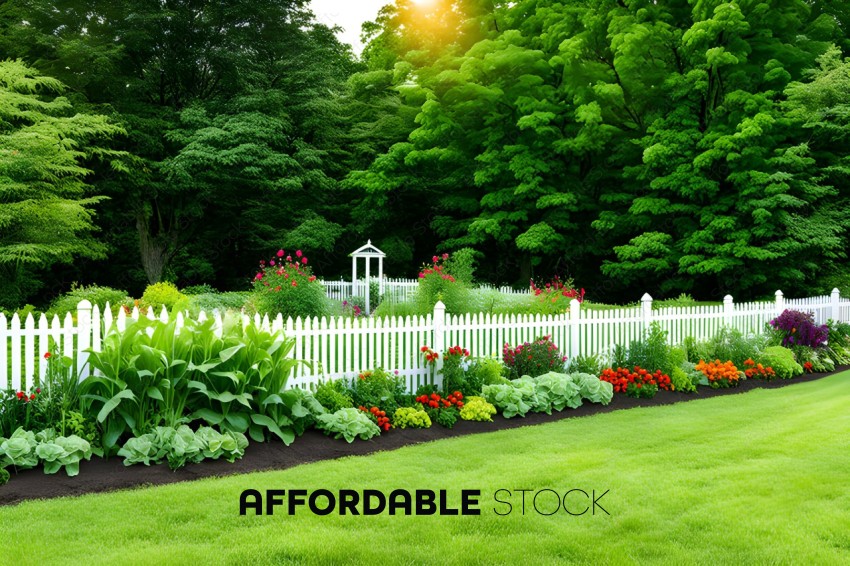 A beautiful garden with a white picket fence