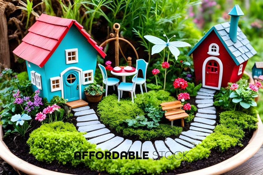 A miniature garden scene with a house, table, and flowers
